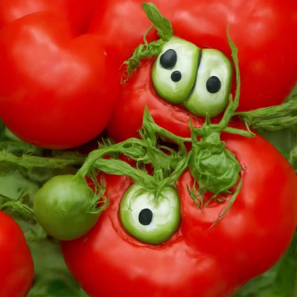 Image similar to A hyperrealistic tomato with a face grinning creepily