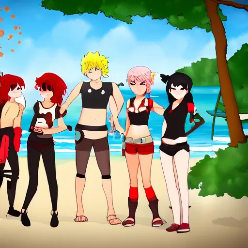 Image similar to Team RWBY at the beach, in the style of RWBY, sunny day,