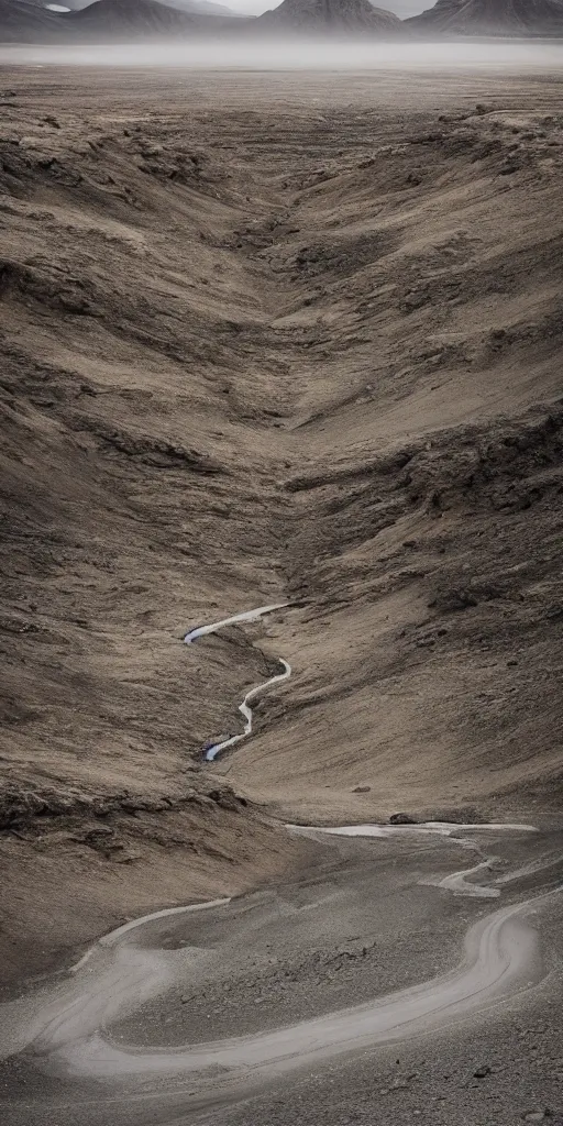 Prompt: dream a hyper realistic photograph, looking through a barren canyon, minimal structure, misty, raining, meditative, icelandic valley, river, in the style of reuben wu, roger deakins