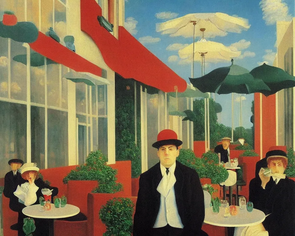 Prompt: achingly beautiful painting of a sophisticated, well - decorated modern cafe by rene magritte, monet, and turner. whimsical.