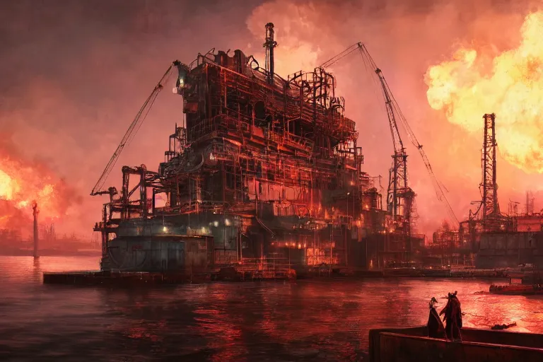 Image similar to a highly detailed matte painting of a soviet steampunk oil rig on fire at night by studio ghibli, makoto shinkai, by artgerm, by wlop, by greg rutkowski, volumetric lighting, octane render, 4 k resolution, trending on artstation, masterpiece