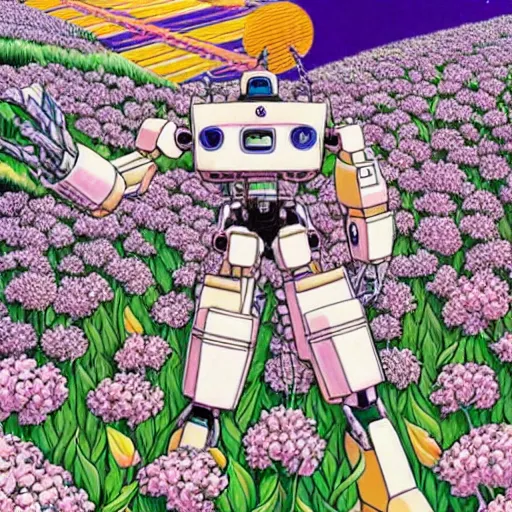 Image similar to a beautiful painting of a large humanoid mecha shrouded by mystic nebula magic in a field of flowers by hiroshi nagai and hirohiko araki, detailed line art