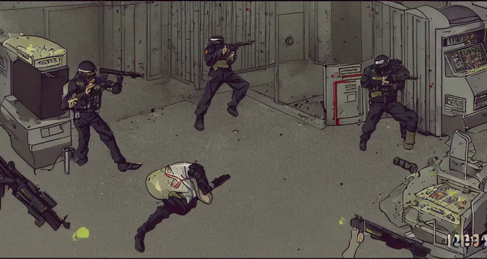 Prompt: 1993 Video Game screenshot for Akira style Anime Neo-tokyo Cyborg bank robbers vs police, Set inside of the Bank, Open Bank Vault, Multiplayer set-piece Ambush, Tactical Squads :10, Police officers under heavy fire, Destructible Enviorments, Gunshots, Bullet Holes and Anime Blood Splatter, :10 Gas Grenades, Riot Shields, MP5, AK45, MP7, P90, RPG, Chaos, Anime Machine Gun Fire, Gunplay, Shootout, :14 80s anime style, FLCL + GOLGO 13 :10, Created by Katsuhiro Otomo + Studio Gainax: 20