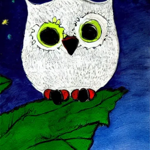 Image similar to children's book art, glowing white owl, in a windowsill