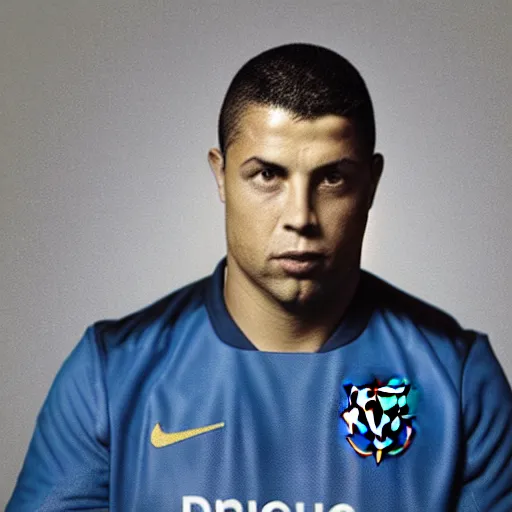 Image similar to fc barcelona, ronaldo nazario fenomeno, head and shoulders shot, portrait, photograph by martin schoeller