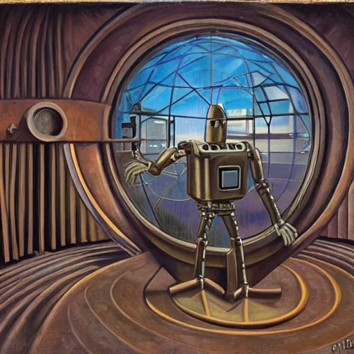 Prompt: robot being reanimated inside a dome - shaped control center, evil lair, pj crook, grant wood, oil on canvas