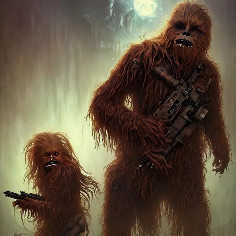 Image similar to scary star wars horrific zombie chewbacca and wookies with mange on the planet kashyyyk, dark fantasy, body horror, sores and scars, undead. highly detailed, biopunk, digital painting, by greg rutkowski, artgerm and alphonse mucha