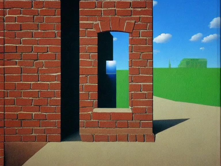 Prompt: an open door to nothingness in brick wall, painting by rene magritte, high detail!!, high resolution!!