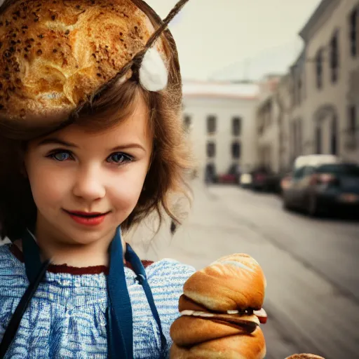 Image similar to photo of cute soviet schoolgirl, holding bagels on a rope, street of moscow, shallow depth of field, cinematic, 8 0 mm, f 1. 8