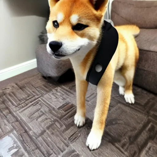 Image similar to doge the shiba - inu as a metallic cyborg, in a sunny suburban living - room.