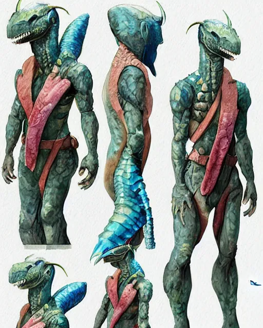 Image similar to a watercolor painting full body character portrait of a humanoid dinosaur / animal soldier / martial artist in the style of moebius in the style of leonard boyarsky trending on artstation deviantart pinterest furaffinity detailed photorealistic highlights and shadow hd 8 k post - processing high resolution