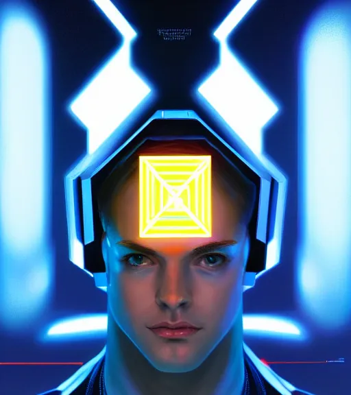 Image similar to symmetry!! caucasian prince of technology, solid cube of light, hard edges, product render retro - futuristic poster scifi, lasers and neon circuits, handsome caucasian prince, intricate, elegant, highly detailed, digital painting, artstation, concept art, smooth, sharp focus, illustration, dreamlike, art by artgerm