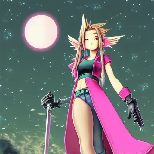 Prompt: final fantasy vii 7 aerith aeris, sci fi fantasy, blue pink green, night industrial environment