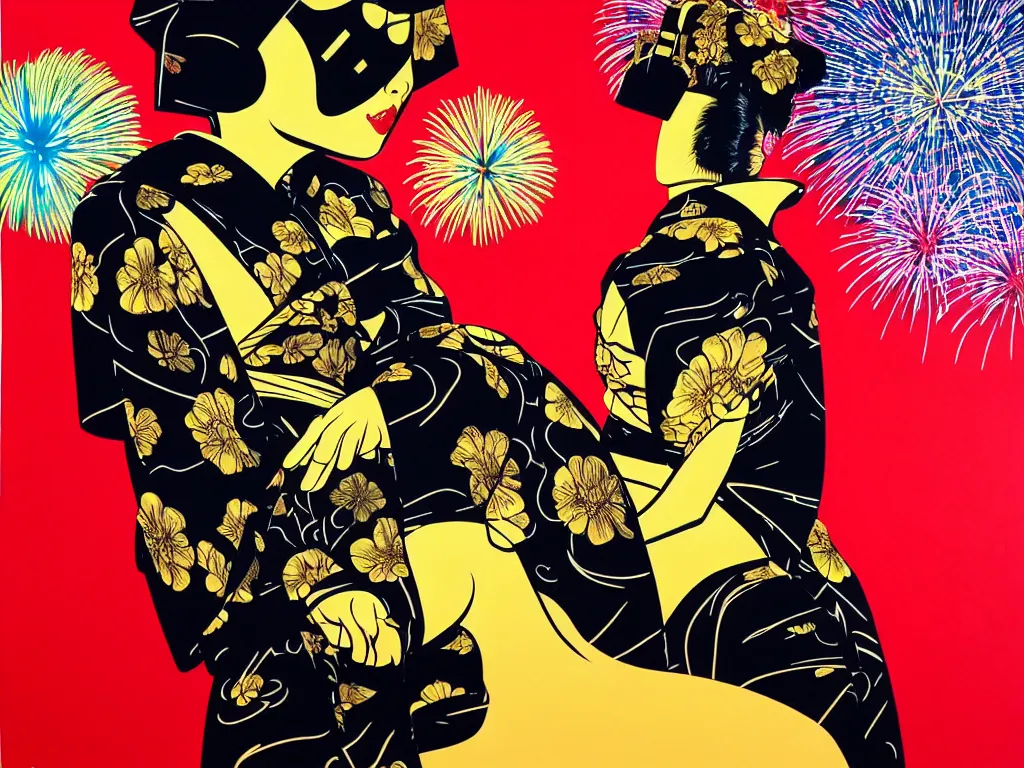 Image similar to hyperrealistic composition of the detailed woman in a japanese kimono sitting at a extremely detailed black jack table with golden darth vader, fireworks, mountain fuji on the background, pop - art style, jacky tsai style, andy warhol style, acrylic on canvas