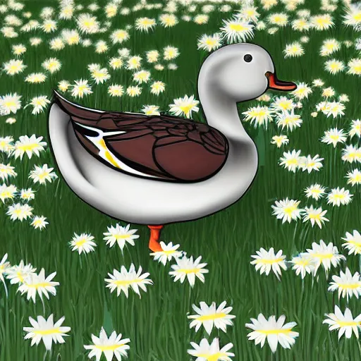 Prompt: A 3d render of a duck walking through a field of daisies, lots of little daisies, digital art