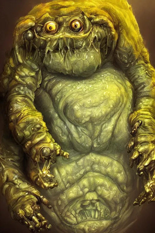 Image similar to oil portrait of a underworld horror tardigrade!!! trying to disguise itself as human, epic, cinematic, elegant, highly detailed, featured on artstation