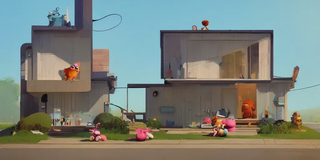 Image similar to cute muppets in mid century modern house by Goro Fujita and Simon Stalenhag , 8k, trending on artstation, hyper detailed, cinematic