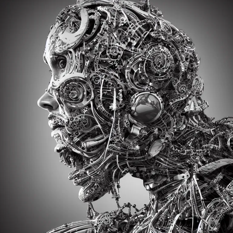 Image similar to surreal biomechanical spinal ribbed tribal exotic organic face portrait of mechanical cyborg, beautiful detailed intricate insanely detailed BW 3D render digital art, octane render, 8K artistic photography, photorealistic