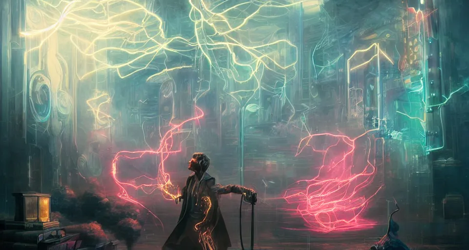 Prompt: evil magical sorcerer battles with bolts of electricity, digital art, intricate, dramatic lighting, neon colors, cinematic, holographic runes, art by tom bagshaw