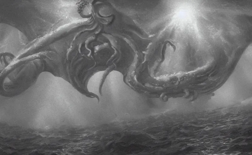 Image similar to cthulhu underwater looking up. matte painting.