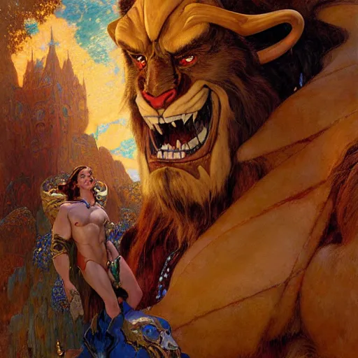 Image similar to portrait of a beast man from beauty and the beast. fantasy painting by gaston bussiere craig mullins jc leyendecker gustav klimt artgerm greg rutkowski john berkey, bergey, craig mullins, ruan jia, raymond swanland, tom lovell