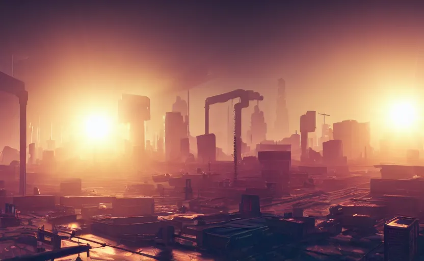 Image similar to polluted cyberpunk city with factories in the backround. daylight. sunlight. lens flare. light fixtures. 8 k. detailed. photorealism. artstation. 2 5 mm f / 1. 7 asph lens. ultra realistic