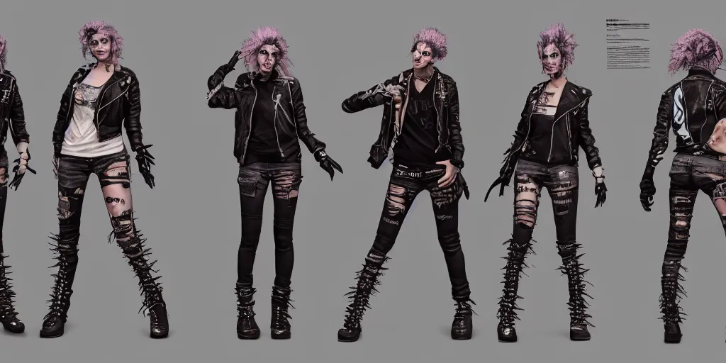 Image similar to gina is a punk rocker, character sheet, concept design, contrast, hot toys, kim jung gi, greg rutkowski, zabrocki, karlkka, jayison devadas, trending on artstation, 8 k, ultra wide angle, pincushion lens effect