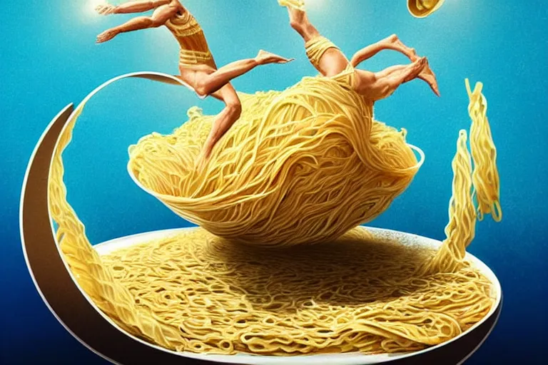 Image similar to olympic diver made of pasta diving into a dish of pasta, splash, art deco intricate ripples, fantasy, elegant, highly detailed, sharp focus, art by artgerm and beeple and greg rutkowski and wlop