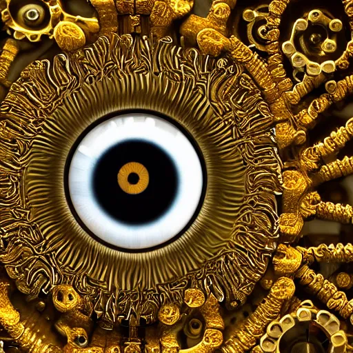 Prompt: a macro photo of a gold and silver mechanical eye, close - up, large intricate iris with gears and filaments, intricate gears and lenses, intricately detailed engravings, intricately detailed markings, intricate textures, warm lighting, vivid colors, realistic octane render, hyper realistic render, volumetric shading, depth of field, raytracing, 8 k,