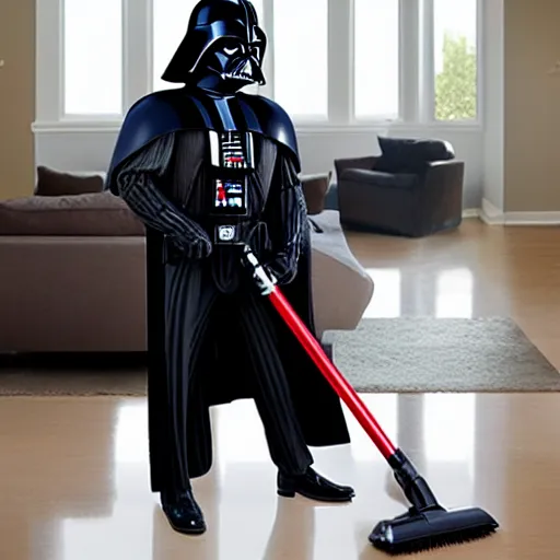 Image similar to Darth Vader vacuuming the house, photo realistic, award-winning, highly-detailed