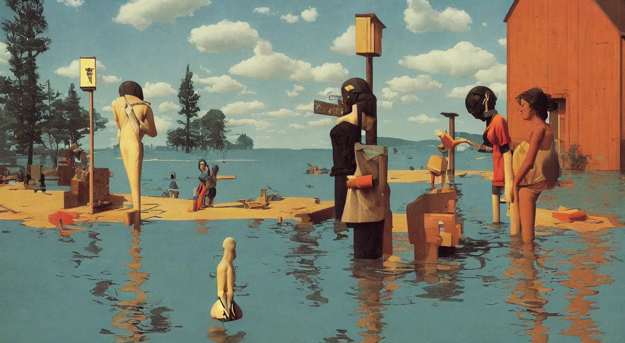 Prompt: single flooded! simple wooden water statue, very coherent and colorful high contrast!! masterpiece by rene magritte simon stalenhag carl spitzweg syd mead norman rockwell edward hopper james gilleard, minimalist, dark shadows, sunny day, hard lighting