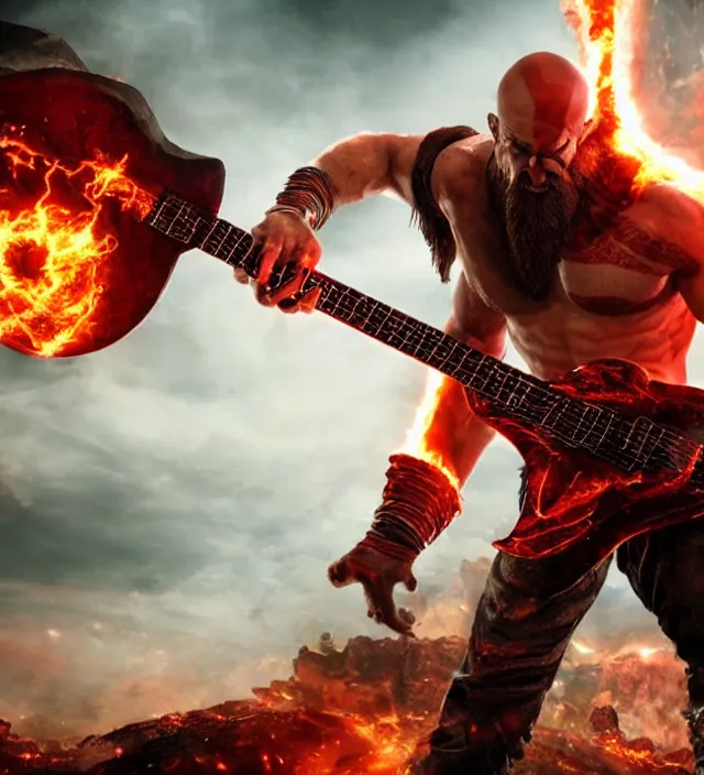 Image similar to raging kratos shredding on a flaming stratocaster guitar, cinematic render, god of war 2 0 1 8, santa monica studio official media, lightning, stripe over eye