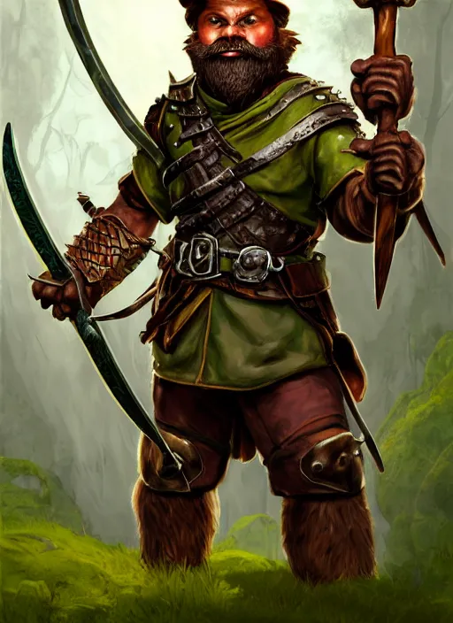 Image similar to strong young man, photorealistic bugbear ranger holding a flaming sword, black beard, dungeons and dragons, pathfinder, roleplaying game art, hunters gear, jeweled ornate leather and steel armour, concept art, character design on white background, by alan lee, norman rockwell, makoto shinkai, kim jung giu, poster art, colours red and green