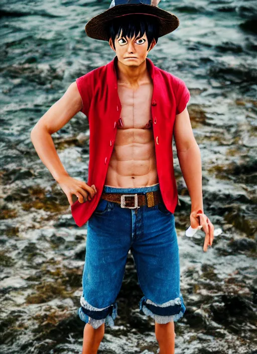 Image similar to A full portrait photo of real-life luffy one piece, f/22, 35mm, 2700K, lighting, perfect faces, award winning photography.