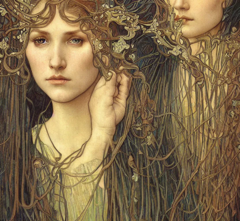 Image similar to detailed realistic beautiful young medieval queen face portrait by jean delville, alphonse mucha, vincent van gogh, and marco mazzoni, art nouveau, symbolist, visionary, gothic, pre - raphaelite