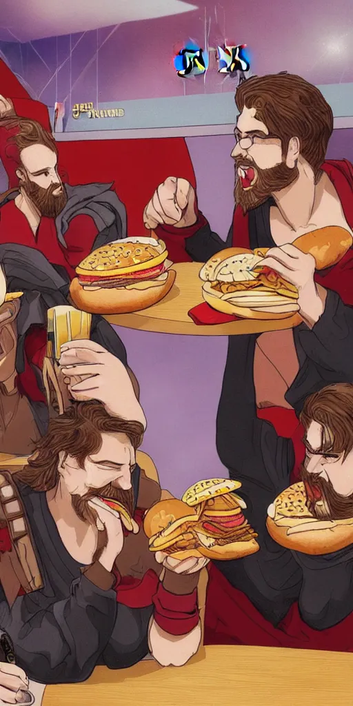 Prompt: Odin and Zeus eating a burger in McDonalds, wearing their typical clothing, 4k, Digital art, trend in art station, no people in the background