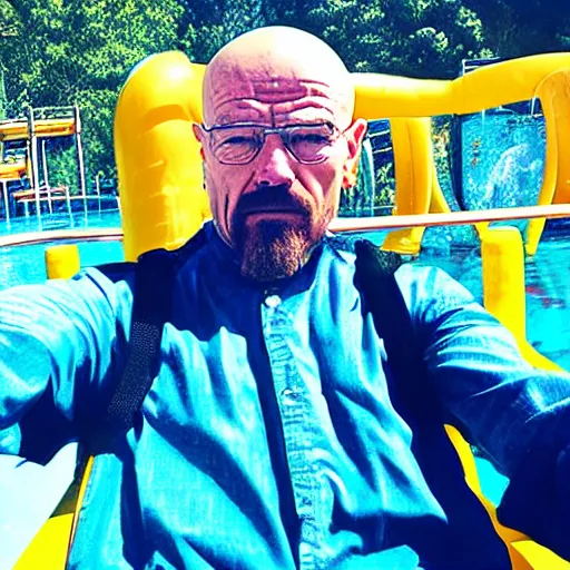 Prompt: Walter White selfie on water Park ride amusement Park