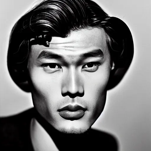 Prompt: a close - up photography of a blonde euroasian male! actor from the 1 9 3 0 s. high cheekbones. good bone structure. dressed in 1 9 4 0 s style. butterfly lightning. key light sculpting the cheekbones. by george hurrell.