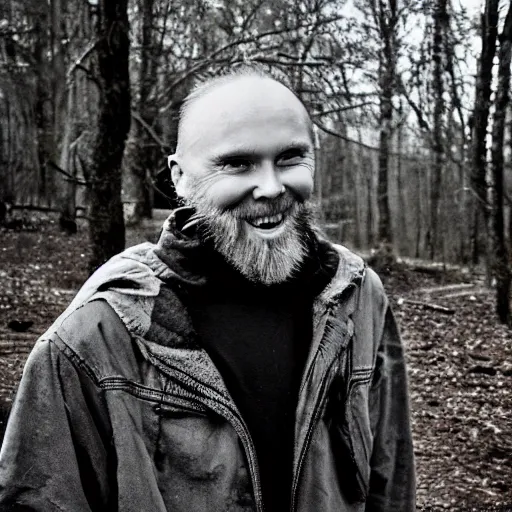 Prompt: varg vikernes smiling at the camera with mothman flying in the distance, photograph