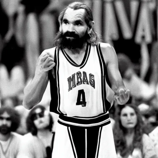 Image similar to 7 0 s television image of an nba basketball board cast, depicting charles manson shooting free throws, by errol morris