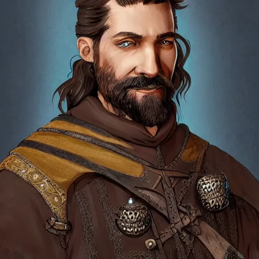 Image similar to 5 0 years old man, tall : : brown hair, stubble beard : : decorated medieval clothing : : high detail, digital art, rpg, concept art, illustration