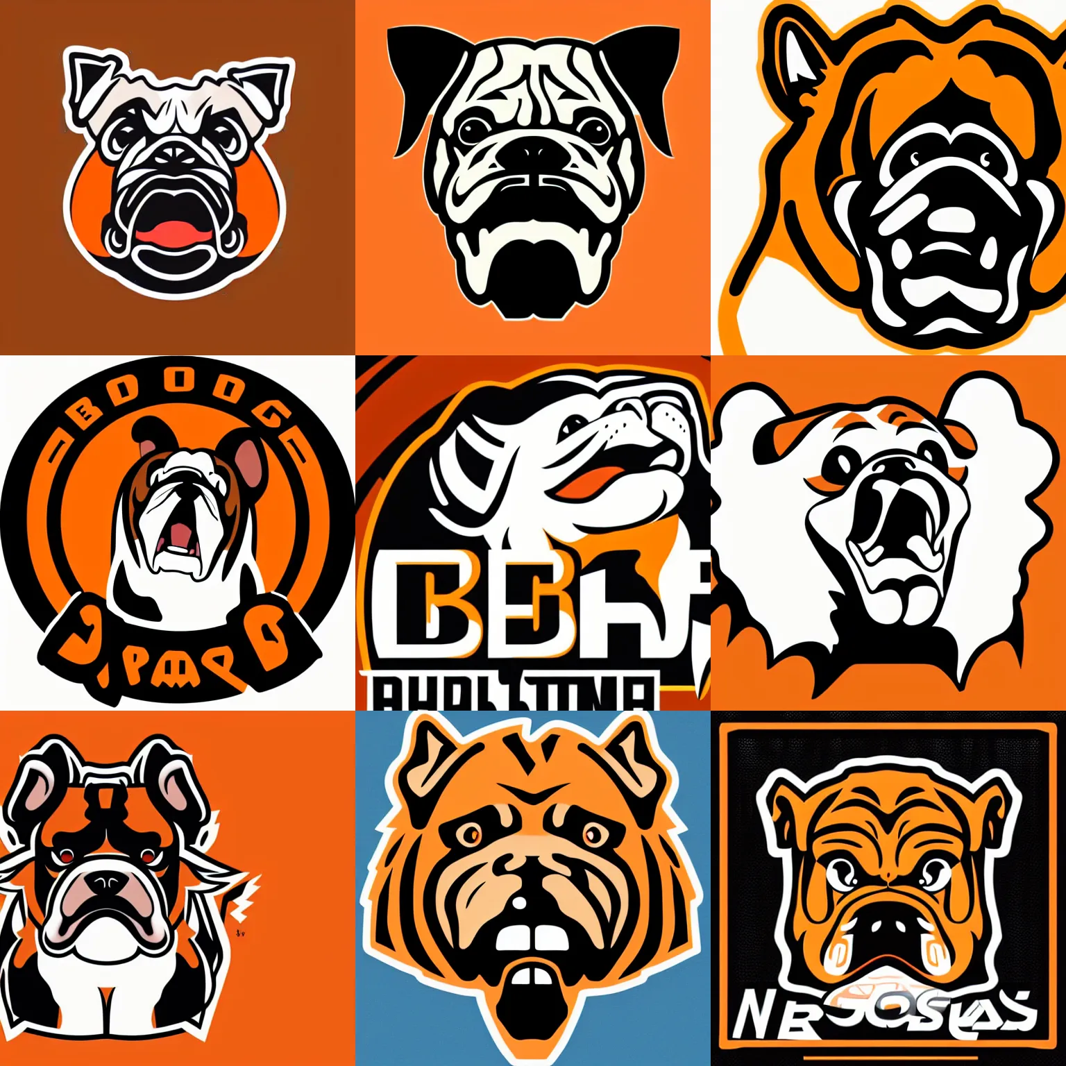 Prompt: NBA style bulldog mascot, growling, black & orange, vector logo