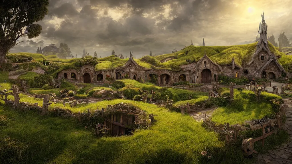 Image similar to a beautiful wide shot of hobbiton, middle earth, alan lee, fromsoftware, elden ring, dark souls, bloodborne, dark fantasy, realistic, highly detailed, 8 k, volumetric lighting, sinister lighting, detailed terrain, concept art, matte painting