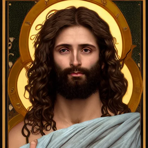 Image similar to an extremely detailed illuminated manuscript of a ridiculously good looking jesus that looks like a jewish gigachad, long curly hair, elegant ancient greek dress, very detailed, windy beach, beautiful, intricate, cinematic, artstation, william bouguereau, alphonse mucha, greg rutkowski, rossdraws, octane render