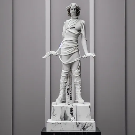 Image similar to white marble statue of a beautiful woman with colorful motocross logos in the style of virgil abloh, colored smoke clouds, very very beautiful, detailed, off white, heron preston, 8 k, 4 k, detailed, beautiful, symmetrical, vogue, editorial, fashion, magazine, museum lighting, museum, gallery