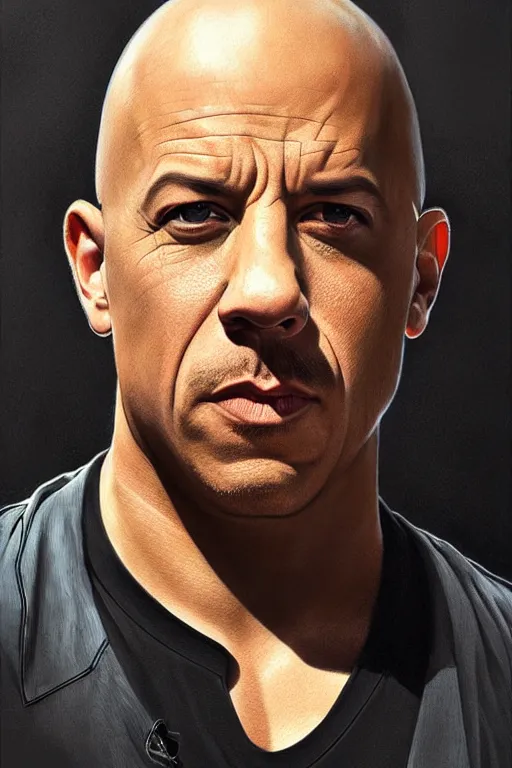 Image similar to vin diesel as walter white, realistic portrait, symmetrical, highly detailed, digital painting, artstation, concept art, smooth, sharp focus, illustration, cinematic lighting, art by artgerm and greg rutkowski and alphonse mucha