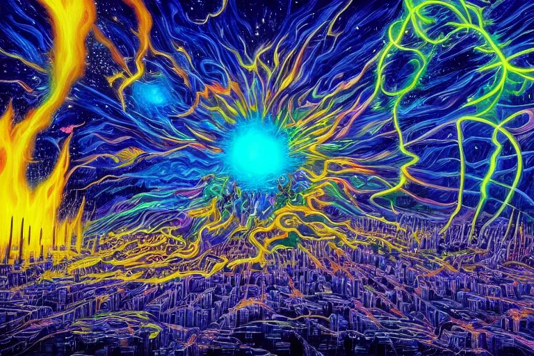 Prompt: massive large human figure in center of psychdelic city blaze of glory supernova dreamworld in the underworld, surrealist and abstract digital art trending on artstation by artist Rob Gonsalves and Mark Riddick supreme peace immense knowledge black neon yellow bright blue electric lime gold dmt art