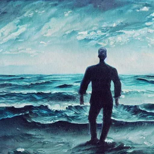 Prompt: ominous man standing at the bottom of the ocean, oil painting, brush strokes, highly ornate intricate detail, gloomy mood,