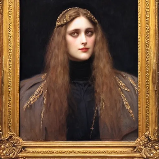 Image similar to portrait of a young women wearing a black cloak with a skull for a face, ultra realistic and highly detailed painting by gaston bussiere and j. c. leyendecker 8 k