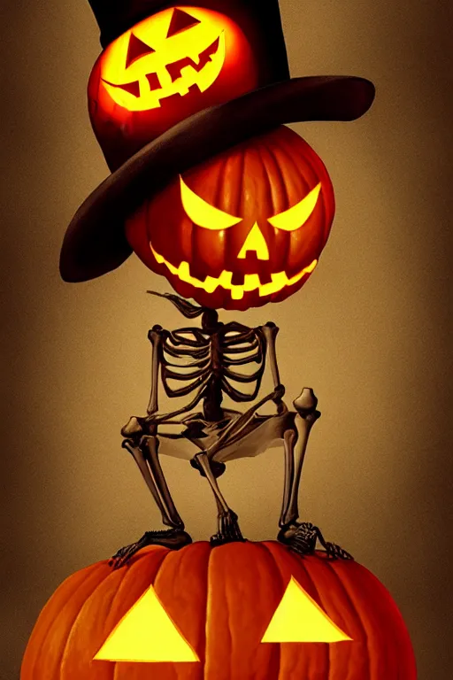 Image similar to portrait of a skeleton with a top hat holding a jack - o - lantern, halloween night, charlie bowater, artgerm, ilya kuvshinov, krenz cushart, ruan jia, realism, ultra detailed, 8 k resolution